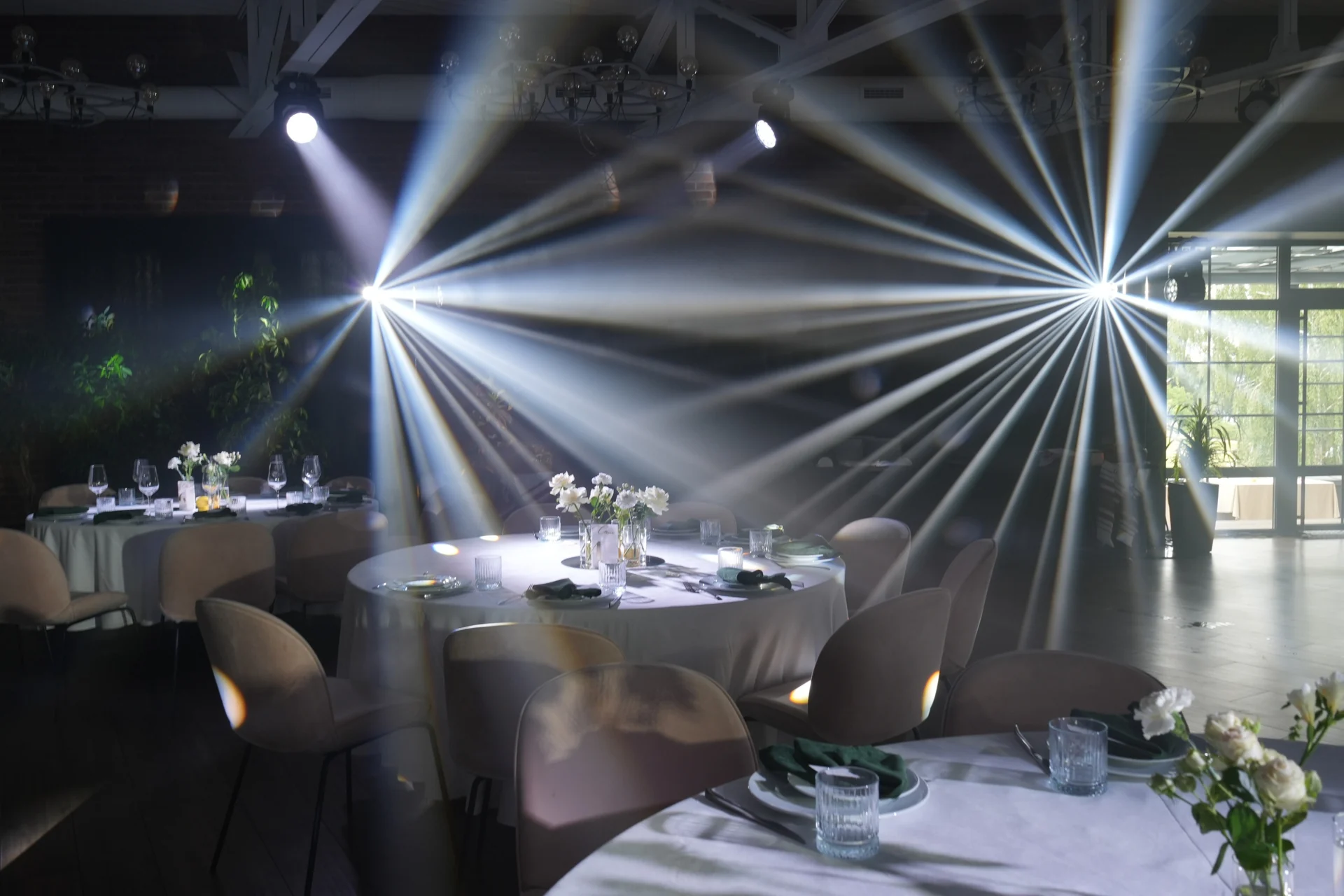 Reception tables illuminated by SHOW PLUS lighting beams